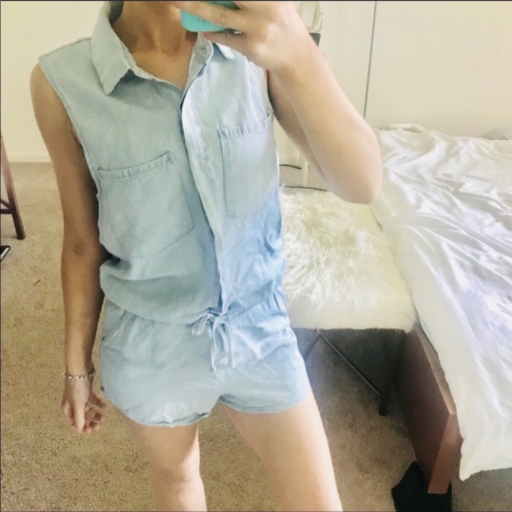 Chambray button down sleeveless tie waist romper